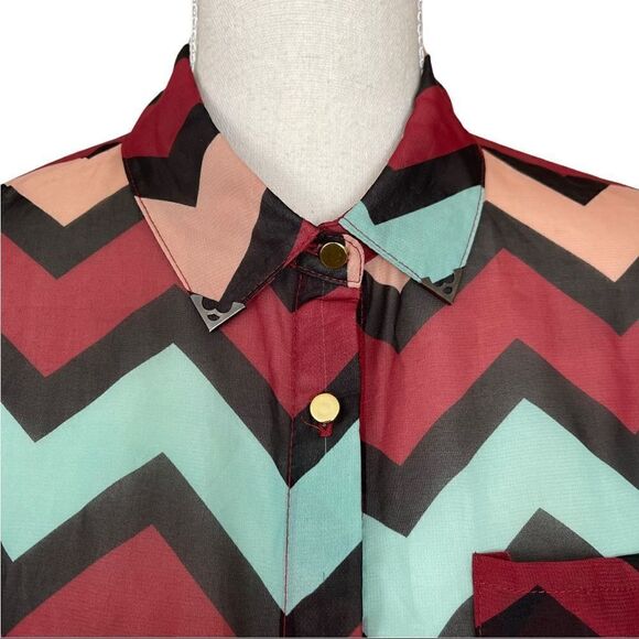 Charlotte Russe Chevron Multicolored Button Down Long Sleeve Top SMALL - Picture 4 of 10